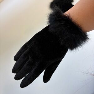 Vintage Whimsigoth Black Velvet Evening Gloves Real Fur Trim Gothic Glam O/S